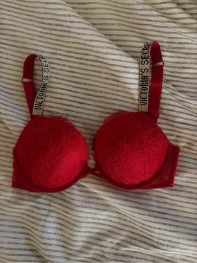 Victoria's Secret Red Lace Push-Up Bra with Embellished Logo Straps